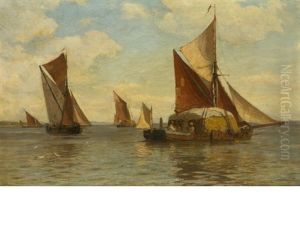 Haybarges At The Mouth Of The Thames (+ Sunlit Fjord Scene, 1924; 2 Works) by Laurits Bernhard Holst