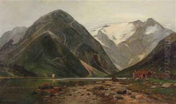 Scenery From A Norwegian Fiord With A Small Cabin In The Mountains - view 1
