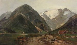 Scenery From A Norwegian Fiord With A Small Cabin In The Mountains by Laurits Bernhard Holst