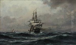 Seascape With A Sailing Ship In High Waves by Laurits Bernhard Holst