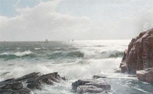 A Rocky Shoreline With Yachts In The Distance by Laurits Bernhard Holst