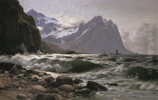 Rocky Coastline With Distant Shipping - view 1