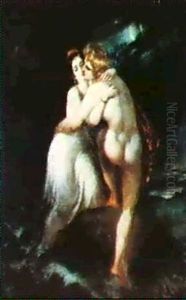 Hero And Leander In A Moonlit Seascape by Theodore Mattias von Holst