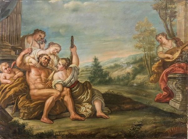 Herkules Sitzend Auf Lowenfell Bei Konigin Omphale In Landschaft - view 1