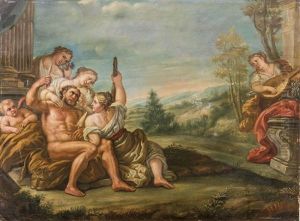 Herkules Sitzend Auf Lowenfell Bei Konigin Omphale In Landschaft