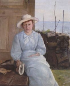 Dame I Lysebla Kjole Siddende Ved Et Stengaerde by Sophie Holten