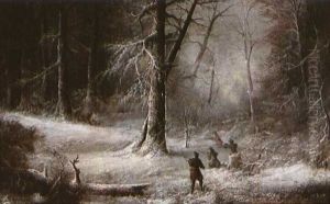Deer Hunters In A Snowy Forest by Ludwig Holthausen