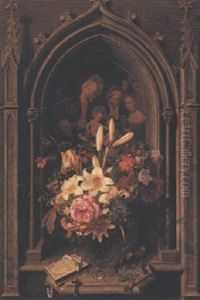 Stilleben Mit Blumenstrauss Vor Gotischer Nische