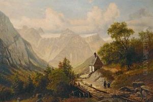 Gebirgslandschaft Mit Kapelle Und Figurenstaffage by Georg Holub