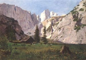 Gebirgslandschaft Mit Almhutte Und Weidevieh Gebirgslandschaft Mit Almhutte Und Weidevieh