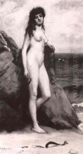 Girl Leaning Against Rocks On A Seashore - view 1
