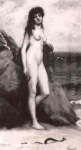 Girl Leaning Against Rocks On A Seashore