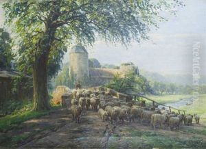 Sommertag Bei Ratingen (schafherde Am Haus Zum Haus) by Albert Holz