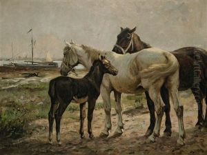 Zwei Pferde Und Ein Fohlen Auf Der Weide Am Kanalufer by Johann Daniel Holz