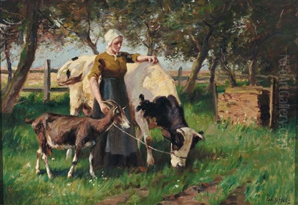 Magd Mit Kuh Und Geis Vor Hag In Sommerlicher Landschaft - view 1