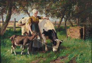 Magd Mit Kuh Und Geis Vor Hag In Sommerlicher Landschaft by Johann Daniel Holz