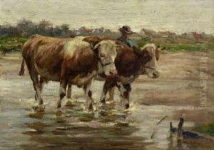 Hirte Mit Rindern In Der Furt by Johann Daniel Holz