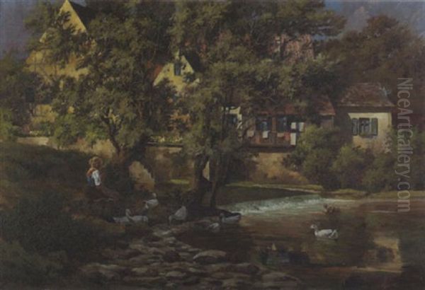 Magd Mit Gansen Am Dorfbach - view 1