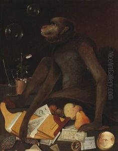 A Monkey With A Still Life Of Documents, Fruits And Nuts