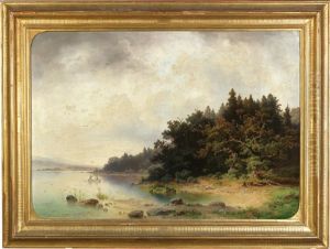 Fishermen On A Lake At Sunset by Josef Holzer