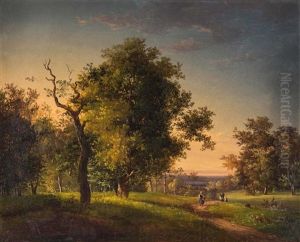 Wiesengesaumter Waldweg Mit Personenstaffage Und Fernblick by Josef Holzer