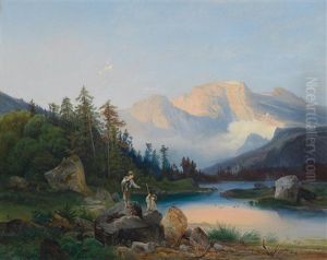 Wanderer Am Gebirgsseeufer