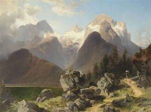 An Alpine Landscape With An Old Woman On A Pathway