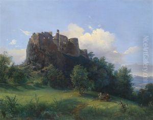 Seine Exzellenz Leopold Graf Palffy Am Schimmel Mit Seinem Forstmeister Prokop Unter Der Ruine Von Schloss Paulenstein Reitend