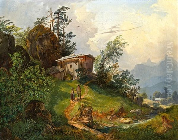 Gebirgslandschaft Mit Wanderern - view 1