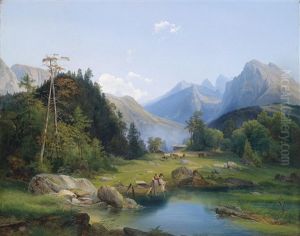 Gebirgslandschaft Mit Figurlicher Staffage by Josef Holzer