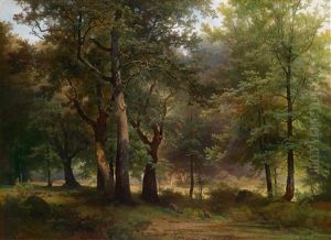 Grose Waldlandschaft Mit Rotwild Im Vordergrund by Josef Holzer