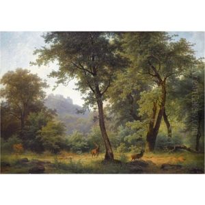 Waldlandschaft Mit Reh-forest Landscape With Deer by Josef Holzer