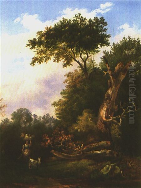 Waldlandschaft Mit Holzlerserin Und Ziege An Einem Sommertag - view 1