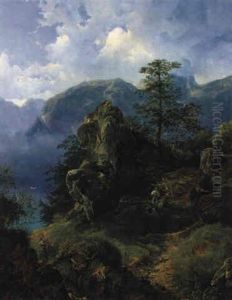 Blick Auf Einen See, Von Gebirgiger Landschaft Umgeben Blick Auf Einen See, Von Gebirgiger Landschaft Umgeben