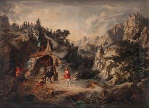 Ein Furst Mit Schmieden In Phantastischer Gebirgslandschaft Mit Bergschloss