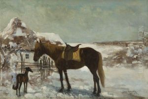 Horse In Winter Landscape by Julius Holzmueller