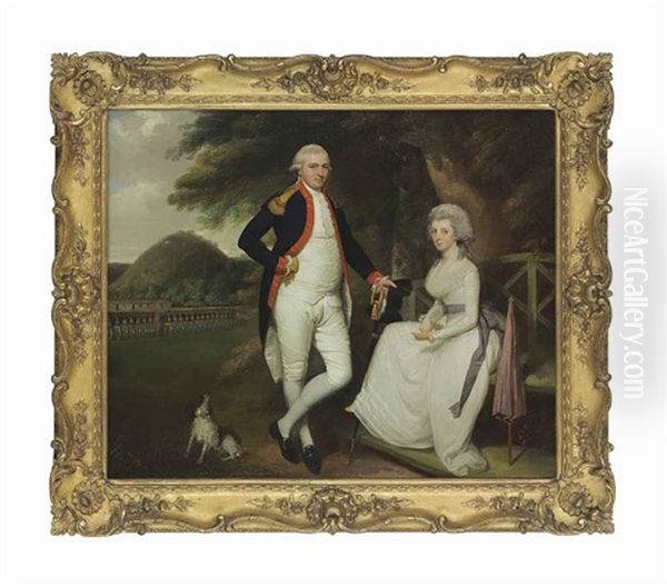 Double Portrait Of Lieutenant-colonel William Sydenham (1752-1801), Small Full-length, In Officer"s Uniform, And His Wife Amelia, In A White Dress, In An Indian Landscape With Units Of The Madras Artillery Drawn Up On Parade, St. Thomas"s Mount, Madras Be - view 1