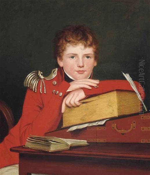 Portrait Of A Boy, Half-length, In Uniform, Leaning On A Book On A Writing Desk - view 1