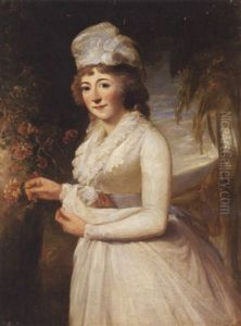 Portrait Of A Lady Standing In A Landscape And Wearing A White Dress And Bonnet