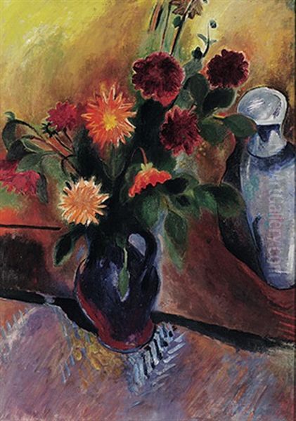 Stilleben Mit Dahlienbluten In Blauem Henkelkrug - view 1