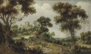 An Extensive Wooded Landscape With Christ On The Road To Emmaus by Gillis Claesz De Hondecoeter