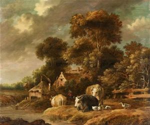 Landscape With Cows And Ducks By A Pond by Gillis Claesz De Hondecoeter