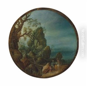 A Mountainous River Landscape With A Man On Horseback And Other Figures On A Track, Figures Crossing A Bridge Beyond by Gillis Claesz De Hondecoeter