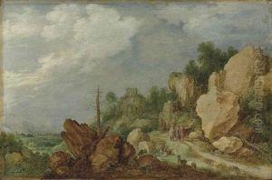 A Rocky Landscape With Christ On The Road To Emmaus by Gillis Claesz De Hondecoeter