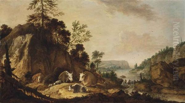 A Rocky River Landscape With Cows And Sheep Resting - view 1
