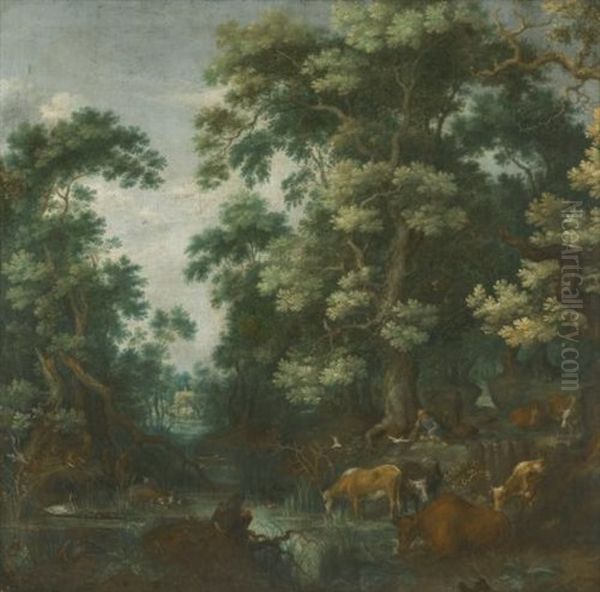 A Wooded Landscape With Deer And Cattle By A River, A Sleeping Herdsman Nearby - view 1