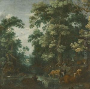 A Wooded Landscape With Deer And Cattle By A River, A Sleeping Herdsman Nearby by Gillis Claesz De Hondecoeter