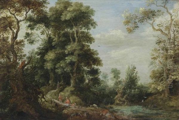 A Wooded Landscape With Travellers And A Herdsman With His Flock, A Village Beyond - view 1