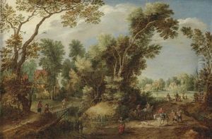 A Wooded Landscape With Peasants And Travellers On A Path, A Village Beyond by Gillis Claesz De Hondecoeter