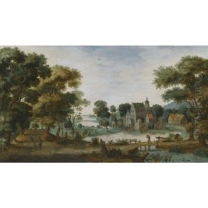 A Wooded River Landscape, With Tobias And The Angel To The Left And A Man Crossing A Bridge To The Right by Gillis Claesz De Hondecoeter